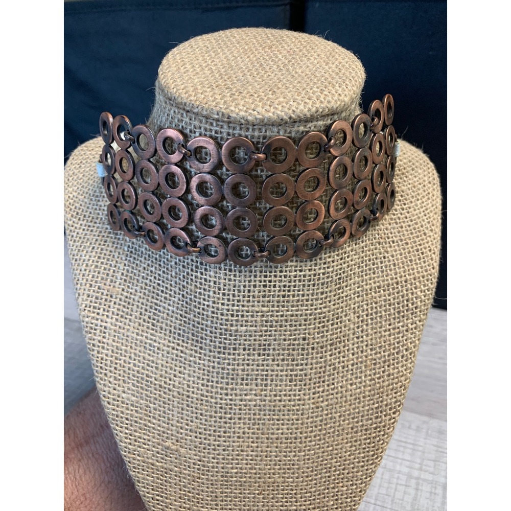 Vintage Copper Tone Ring Link Choker Necklace White Leather Tie Industrial Bib